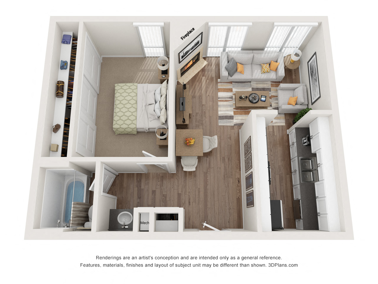 Floor plan for 1 bed, 1 bath, 711 sqft